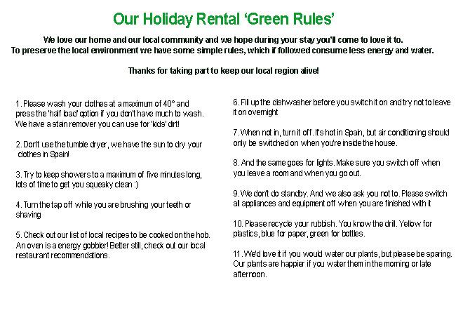 Example of Green Rules for holiday rental properties